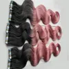 Rey ombre human hair Tape in hair extensions body wave 300g 120pcs/lot #1B / Pink ombre The entire head of hair