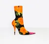2017 nuove donne di arrivo stivali a metà polpaccio tacco sottile stampa fiore stivaletti scarpe a punta stivaletti sandali estivi stivali donna