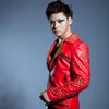 High Quality Men Red Black PU Leather Jacket Coat Tide Male Nightclub Bar DJ Singer Rivet Outerwear Rock Punk Dance Performance Stage Outfit