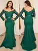 Skromne TEAL Green Formalne Suknie Wieczorowe Off The Ramię Illusion Lace Długie Rękawy Vestidos Festa Syrenki Prom Suknie z szarością