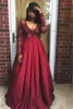 Burgundy Lace Se genom Prom Klänningar 2017 V Neck Sheer Långärmade Satin A Line Evening Gowns Black Girl Cocktail Party Dress