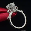 Corona di lusso intarsiata con diamante CZ in oro bianco 14KT Anello di fidanzamento con fede nuziale Anello di promessa per le donne235l