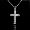 Hot Retro Silver Cross Charm Pendant Full Ice Out CZ Diamantes simulados Católico Crucifijo Colgante Collar con cadena cubana larga