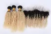 Radice scura Afro crespa ricci capelli vergini malesi con pizzo frontale bionda Ombre # 1B 613 pacchi capelli umani con chiusura frontale di pizzo