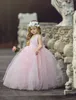 Pink Princess Little Girls Flower Girl Dresses Square Neckline Ball Gown Tulle First Communion Dress For Weddings Cheap Lace Back With Sash