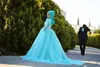 2019 Muslim Wedding Dresses Sky Blue Long Sleeve High Neck Lace Crystal Bridal Gowns Custom Made Plus Size A-Line Wedding Dress