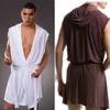 Summer Sexy 2 in 1Hooded Kimono Robe For Man Ice Silk Sleeveless Pajamas Bathrobe Yoga Wear Free Shipping