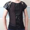 Sexy Mężczyźni Faux Skórzane Topy Egzotyczne Patrz Przez Clubwear Lace Up Rękaw Bielizna Nightclub Catsuit Koszulki