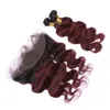 T1B 99J Burgundy Ombre Virgin Human Hair Wefts With Frontal Body Wave Dark Roots Wine Red Ombre Full Lace 13x4 Closure With Bundle6571237