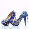 Gorgeous Rhinestone Wedding Shoes Blue Crystal Bride Dress Shoes Flower and Phoenix Platform Heels Cinderella Prom Pumps