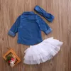 Baby Girl Denim Fashion Set Kläder Barn Långärmad T-shirts Top + Shorts Kjol + Bow Headband 3pcs Outfits Kid Tracksuit