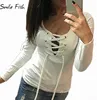 Vente en gros - 2016 Automne Mode Européenne Lace Up T-shirt Femmes Sexy Col En V Creux Out Top Casual Basic Femme T-shirt Plus Size LX068