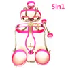 5 / 8In1 Rostfritt stål Male Chastity Enheter Chastity Belt + Collar + Bra + Handcuff + Arm Ring + Lår Ringar med kedja Sexig Bondage Kit G7-4-43