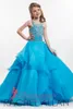 Düğün Mavi Ucuz Kat Uzunluk Custom Made For 2019 Küçük kızlar Glitz Yarışması Elbise Balo Jewel Kristal Çiçek Kız Elbise