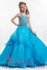 2019 Little Girls Glitz Vestidos de desfile Vestido de bola Joya Cristal Vestidos de niñas de flores para boda Azul Barato Hasta el suelo por encargo