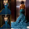 Sul africano e azul vestidos de baile sexy ver através do laço apliques contas vestidos de noite plus size sereia varrer trem mulheres vestidos