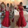 2017 Sexy Donkere Rode Avondjurken V-hals Volledige Kant Parels Mermaid Bow Prom Dresses Plus Size Sheer Open Back Formal Party Jassen