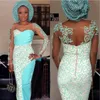 2017 manches longues bijou robes de soirée blanches avec applique turquoise gaine dos fermeture éclair sur mesure col transparent robes de soirée formelles Aso Ebi