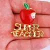 Wholesale- 1 Pcs Delicate Red Apple Super Teacher Gift Unisex With Crystal Brooch Pin Show Your Love Unique Pins, Brooches