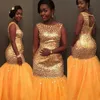 2K17 Crystals Beaded Prom Dresses Light Orange Plus Size Mermaid Evening Gowns Sheer Neck Open Back Tulle Cocktail Formal Party Dress