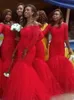 Artı Boyutu Uzun Kollu Dantel Mermaid Nedime Elbiseleri Kırmızı Tül Arapça Parti Hizmetçi Onur Abiye Obje Abiye Oblime Konuk 2017
