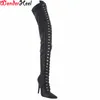 Wonderheel Aşırı Yüksek Topuk 12 cm Stiletto Overknee Çizmeler Mat Uyluk Yüksek Çizmeler Seks Fetiş Yüksek Topuk Lace Up Crotch Botlar