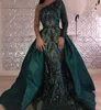 Vestidos de noite verde escuro de luxo 2019 um ombro zuhair vestidos de Muraad sereia vestido de baile com trem destacável feito