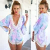 Mono moda verano mamelucos borla encaje pantalones cortos estampado con cuello en v vestido de playa casual fiesta body sexy manga larga mujeres vestidos D553