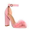 2017 mode vrouwen dikke hak sandalen sexy party schoenen bont hoge hakken roze sandalen trouwschoenen dames