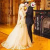 Light Gold Muslim Wedding Dresses High Neck Lace Appliques Beaded Long Sleeves Bridal Gowns Tiered A Line Saudi Arabia Wedding Vestidos