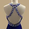 Saoedi-Arabië Royal Blue Prom Dresses Halter Hals Mouwloze Criss-Cross Terug Een lijn Real Simple Crystal Beaded Chiffon Evening Feestjurk