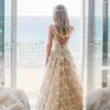 Пляж Глубокий V-образным Вырезом Свадебные Платья Полный Кружева 3D Цветочные Аппликации Свадебное Платье Из Бисера Sexy Back A Line Свадебное Платье