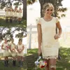 New Country Short Bridesmaid Dresses For Wedding Jewel Neck Short Sleeves Sheath Lace Light Yellow Plus Size Maid Of Honor Party Gowns