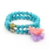 New Design Wholesale 10pcs/lot 8mm Turquoise Stone Beads Purple and Pink Tassel Buddha Head Couple Bracelet