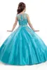 2016 Vente Chaude Pageant Robes pour Filles Belle Bling Perlé Sheer Jewel Robe De Bal Ciel Bleu Tulle Princesse Filles Robe Formelle Longueur De Plancher