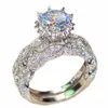 JOYERÍA de moda para mujer S925 Flor de plata esterlina Diamante blanco Circón Anillos de piedras preciosas Compromiso Boda Pareja Conjunto de anillos de banda