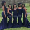 Nigeria Navy Blue Bruidsmeisje Jurken met Open Back Mermaid Spaghetti Geplooid Geplooide Formele Prom Dress voor Party Custom Made