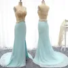 2019 Backless Prom Dress Mint Green Sweetheart Długie koraliki z Slit Evening Party Suknia Plus Size Vestidos de Festa1359040