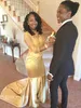 New Arrival Long Sleeve Gold Arabic Evening Dress Modest African Mermaid Satin Formal Party Gown Custom Made Plus Size