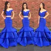 Two Piece Mermaid Prom Dresses Off Shoulder Crop Top Satin Tiered Ruffles Red Light Pink Long Graduation Dresses Party Dresses SWE4081090