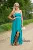 Cheap Country High Low Bridesmaid Dresses Strapless Turquoise Chiffon Junior Bridesmaid Dresses Beaded Sash Maid Of Honor Boho Beach Gowns