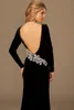 2016 heißer Verkauf Langarm Abendkleider Sexy Bateau-Ausschnitt Elegante Bling Perlen Schwarz Samt Meerjungfrau Langes Rückenfreies Arabisch Formales Abendkleid