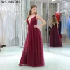 Tule Vermelho escuro Barato Vestidos de Noite Decote Em V Fina Cintas Sexy Borgonha Prom Party Vestidos B015