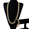 Hip Hop ICED OUT 18K Gold Plated Full Diamond Curb Cuban Link Chain Necklace & Bracelets 2pcs Jewelry Sets For Men Women
