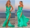 Cetim De Seda romântico Verde Prom Vestido Longo Backless Andar de Comprimento Sexy Beach Slit Side Vestidos de Festa À Noite Desgaste Da Noite Barato