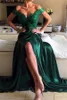 Green 2017 Evening Hunter Off Shoulder with Lace Applique A-Line Front Split Prom Dresses Back Zipper Sweep Train Custom Party Clows