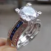 Size5-11 Hurtownie Moda Biżuteria Trendy 925 Sterling Silver Wypełnione Blue Sapphire Gemstones Round Cut CZ Diamond Women Bridal Ring Set Prezent