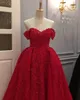 2019 Rotes Ballkleid Spitze Abendkleider Applikationen Perlen Schulterfrei Ausschnitt Abendkleid Bodenlangen Rüschen Formale Abendkleider