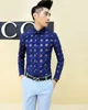 Groothandel-Nieuwe Mode Koreaanse Bronzing Gold Slim Fit Mens Jurk Shirts Designer Kleding Casual Floral Shirt Mannen, Navy Blue White, M-XXL