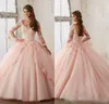 아기 핑크 블루 Quinceanera 드레스 2017 레이스 긴 소매 v-neck 가장 무도회 공 드레스 달콤한 16 공주 미인트 드레스 여자를위한 싸구려